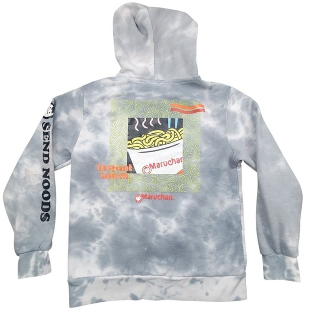 Maruchan Send Noods Tie Dye Hoodie‎ Mens Large Grey White Graphic Ramen Pullover
